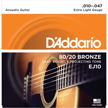 D’Addario 80/20 Bronze Round Wound Acoustic Guitar Strings EJ10 (Extra Light/10-47)