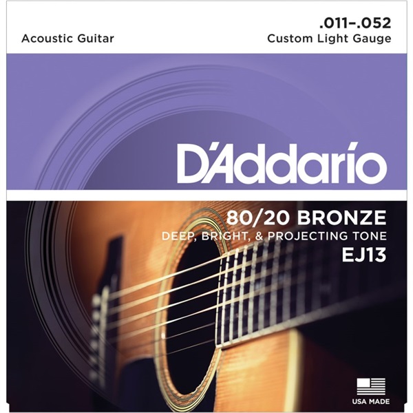 D’Addario 80/20 Bronze Round Wound Acoustic Guitar Strings EJ13 (Custom Light/11-52)