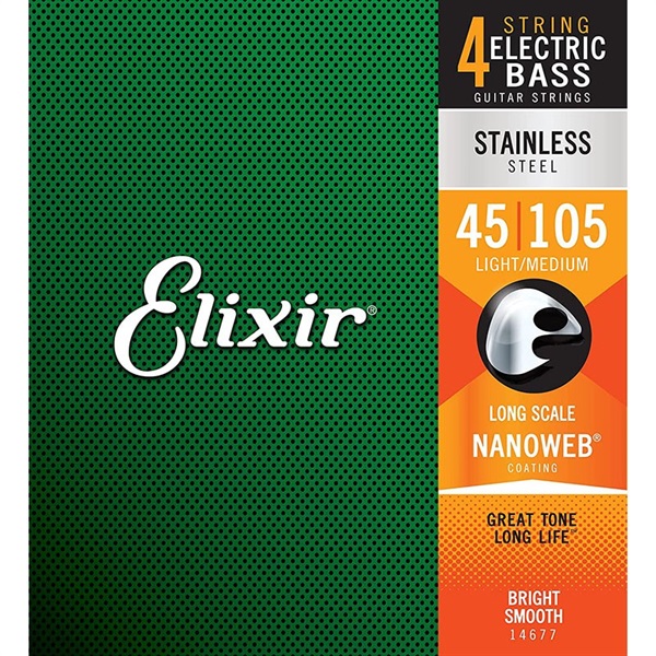 ELIXIR Stainless Steel Bass Strings with ultra-thin NANOWEB Coating (Light/Medium Long 045-105) #14677