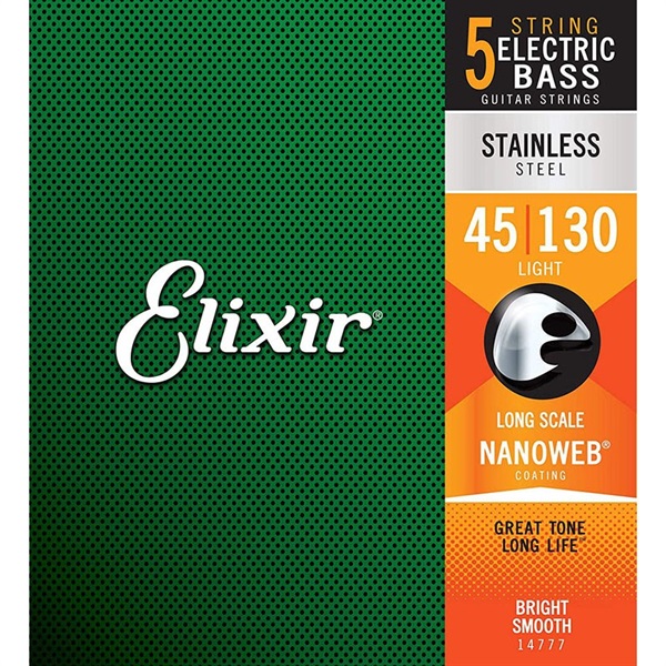 ELIXIR Stainless Steel Bass Strings with ultra-thin NANOWEB Coating (5-String Midium with Light B/Long 045-130) #14777