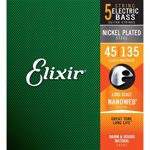 ELIXIR Nickel Plated Steel Bass Strings with ultra-thin NANOWEB Coating (5 string-Light/Medium Long Scale 45-135) #14207
