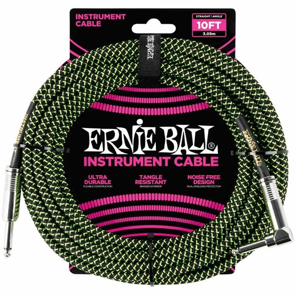 ERNIE BALL #6077 BRAIDED INSTRUMENT CABLE STRAIGHT/ANGLE 10FT (BLACK/GREEN)