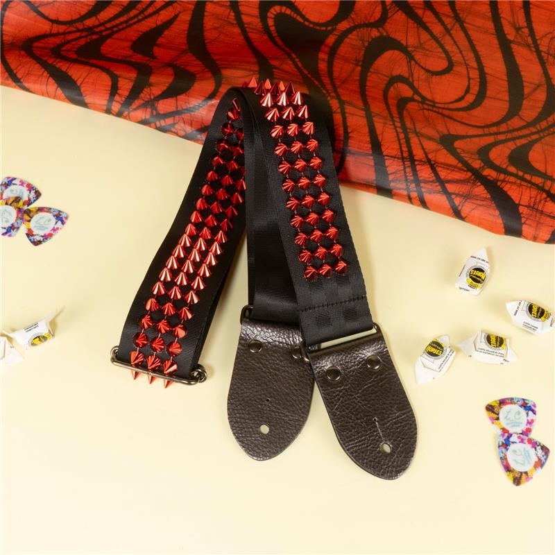 tsundrum_chan メタルスタッズギターストラップ ブラック×レッド