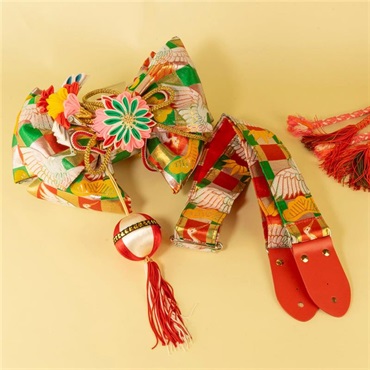 tsundrum_chan BIGリボン古着物帯ギターストラップ　ツル×グリーン