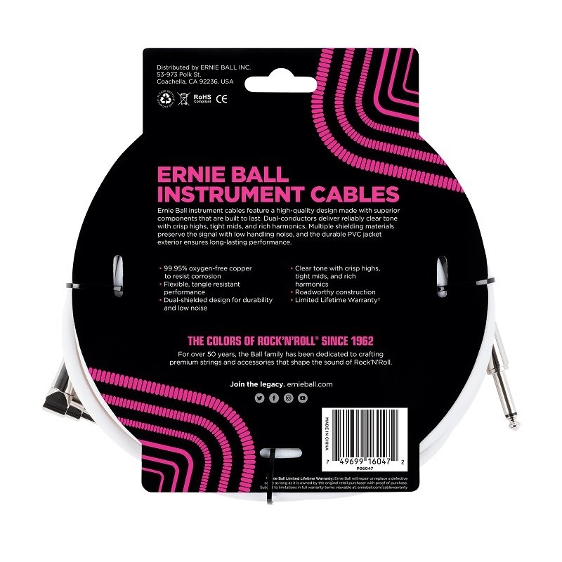 ERNIE BALL Classic Instrument Cable 20ft S/L White [#6047] 画像1