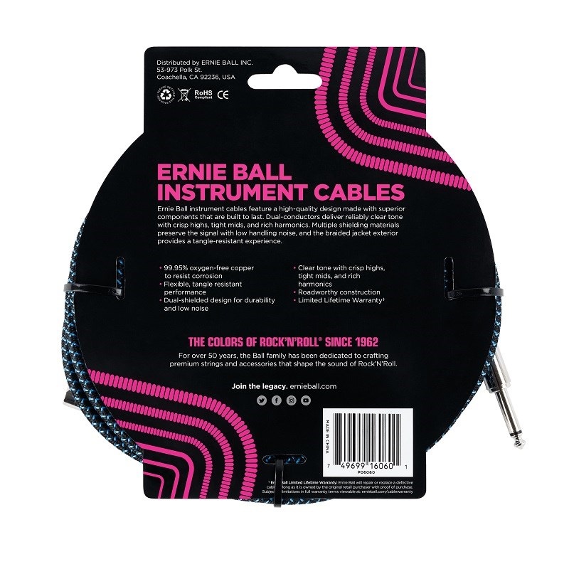 ERNIE BALL Braided Instrument Cable 25ft S/L (Black/Blue) [#6060] 画像1