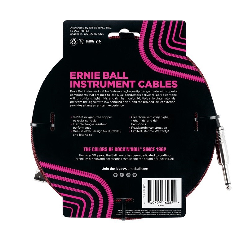 ERNIE BALL Braided Instrument Cable 25ft S/L (Black/Red) [#6062] 画像1