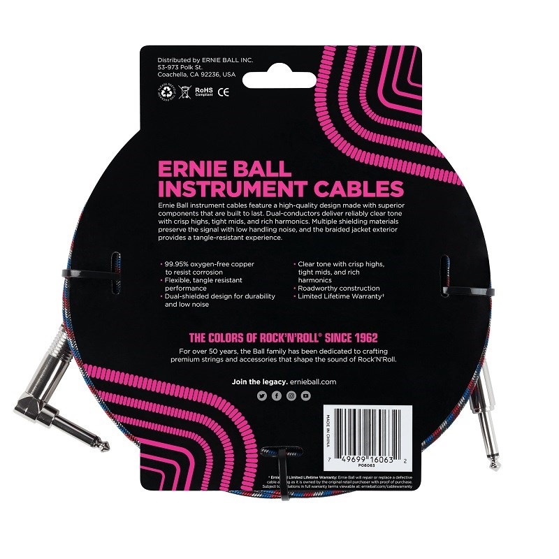 ERNIE BALL Braided Instrument Cable 25ft S/L (Black/Red/Blue/White) [#6063] 画像1