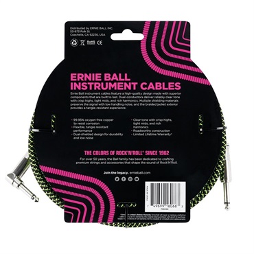 ERNIE BALL Braided Instrument Cable 25ft S/L (Black/Green) [#6066] 画像1