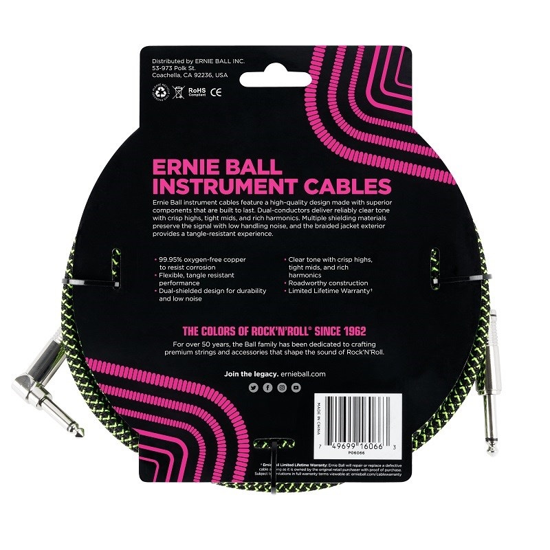 ERNIE BALL Braided Instrument Cable 25ft S/L (Black/Green) [#6066] 画像1