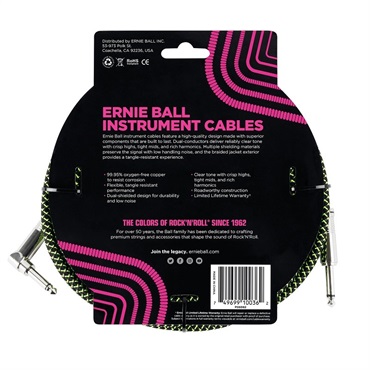 ERNIE BALL Braided Instrument Cable 18ft S/L (Black/Green) [#6082] 画像1