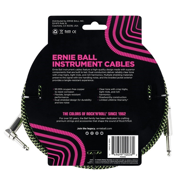 ERNIE BALL Braided Instrument Cable 18ft S/L (Black/Green) [#6082] 画像1