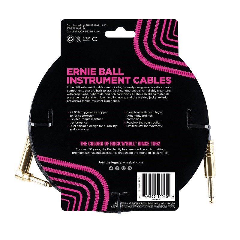 ERNIE BALL 【創業50周年大決算SALE】 Braided Instrument Cable 18ft S/L (Black w/Gold Connectors) [#6086] 画像1