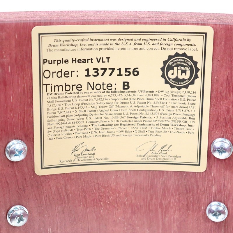dw DRU26514SSN101 [Collector's Pure Purpleheart Snare Drum VLT Shell 14''×6.5'' - Natural Satin Oil w/Black Nickel Hardware] 画像8