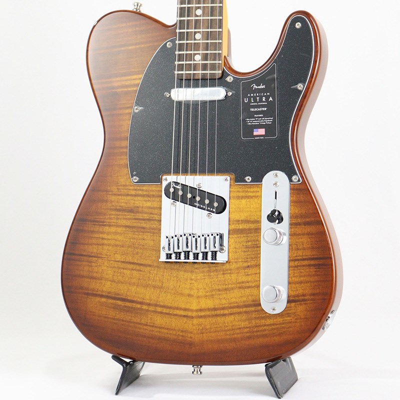 【Fender】国内イケベ限定販売！フレイムメイプルトップにタイガーアイカラーを組み合わせ、指板に希少なエボニー材を使用した “American Ultra Telecaster” ！